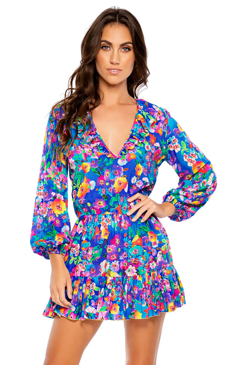 Luli Fama Water Blossoms Ruffled Deep V Frill Hem Dress